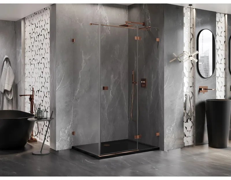 Mexen Lunar T, výklopný sprchový kút pravý 115 x 110 cm, 8mm číre sklo, profil ružové zlato, 834T-115-110-60-00-P