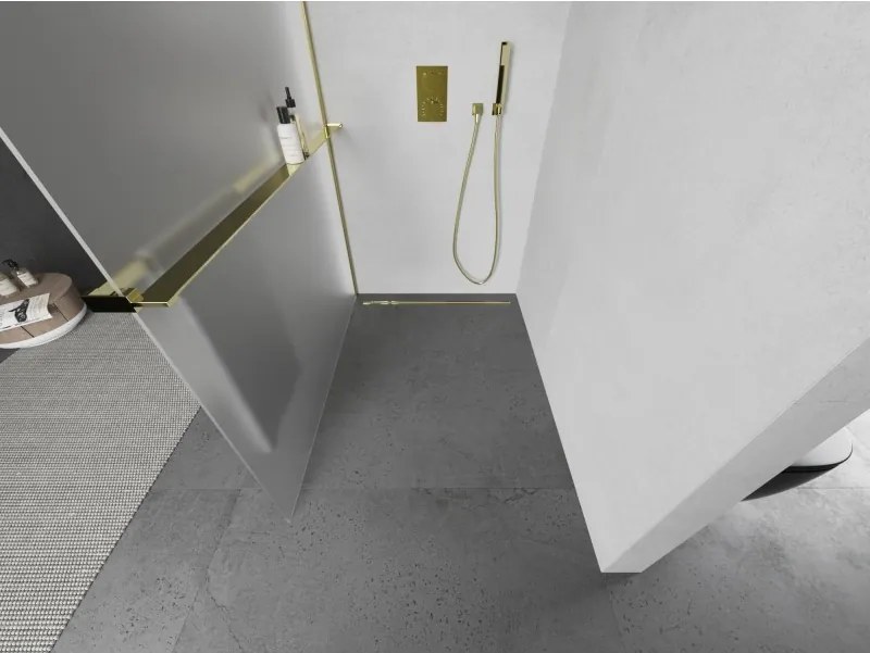 Mexen Kioto+ L, sprchová zástena Walk-In s poličkou a vešiakom 80 x 200 cm, 8mm sklo námraza, zlatý lesklý profil,800-080-123-50-30