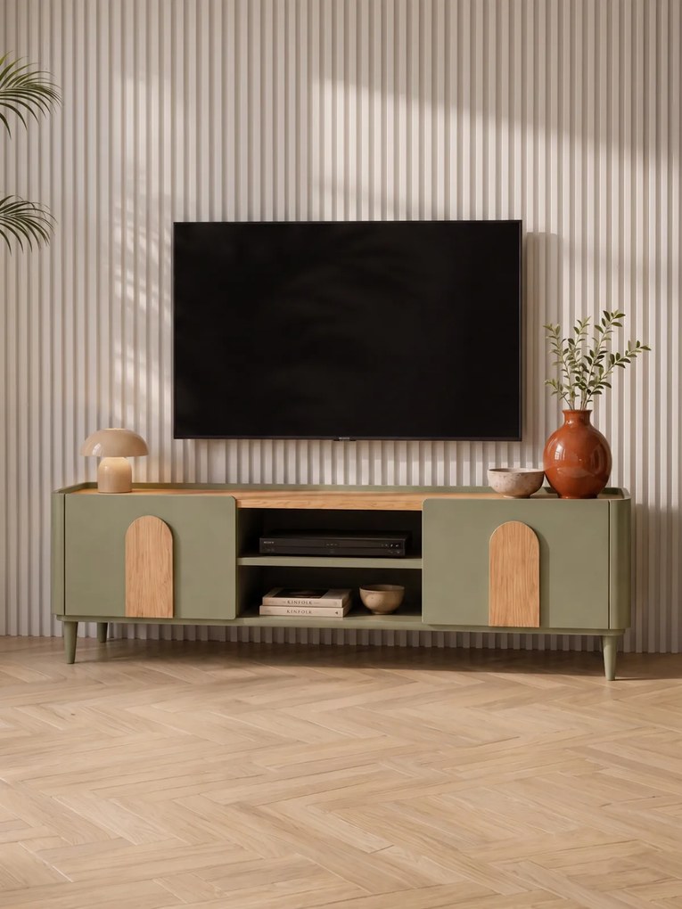 RTV skrinka Amilio 170 cm so zásuvkou na nožičkách - eukalyptus / dub baltic dune / úchyty dub prírodný