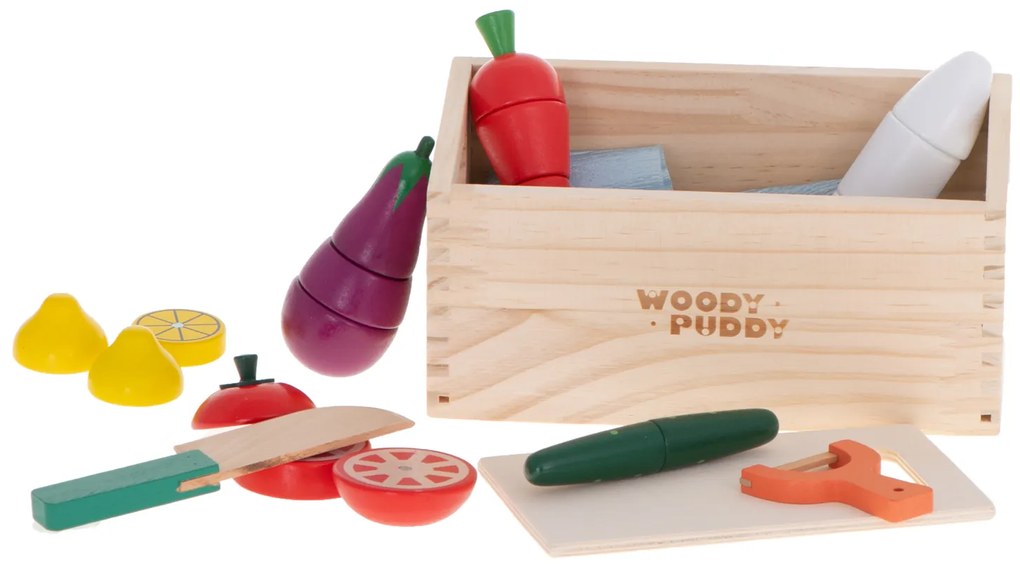 KIK Drevená magnetická zelenina na krájanie v krabici so škrabkou - detská kuchynská súprava