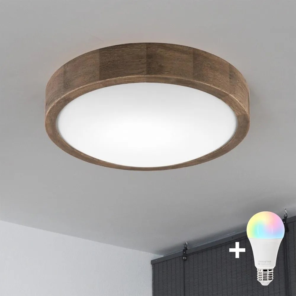 Brilagi – LED RGBW stmievateľné stropné svietidlo CARVALHO SLIM 1×E27/15W/230V Wi‑Fi v dekore dub, priemer 27 cm