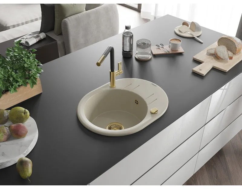 Mexen Kevin, 1-komorový granitový drez 586x458x190 mm a drezová batéria Flora, béžová, 6517-69-670401-57-G