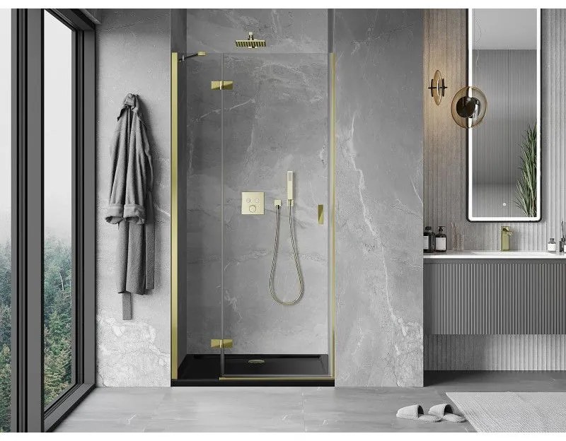 Mexen Mist-H, 1-krídlové sprchové dvere ľavé 75 cm, číre sklo, zlatý lesklý profil, 8A5-075-000-50-00-L