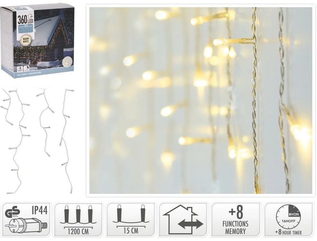 Vonkajšia reťaz Cencúle 12 m, 360 LED, teplá biela, časovač, IP44