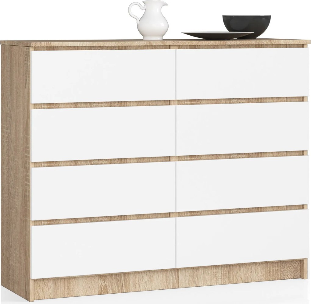 Komoda Kuba 120 cm 8 šuplíků dub sonoma/bílá