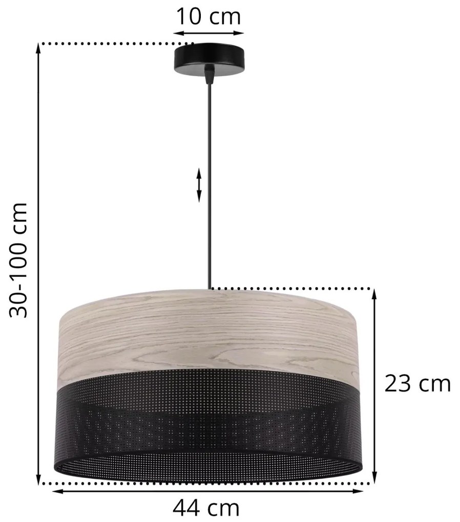 Závesné svietidlo Wood, 1x svetlobéžová dubová dýha/čierne PVC tienidlo, (fi 44cm)