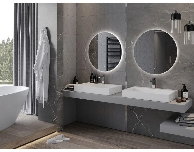 Mexen Erg, okrúhle LED podsvietené kúpeľňové zrkadlo 70 cm, 6000K, vykurovacia podložka proti zahmlievaniu, 9823-070-070-611-00