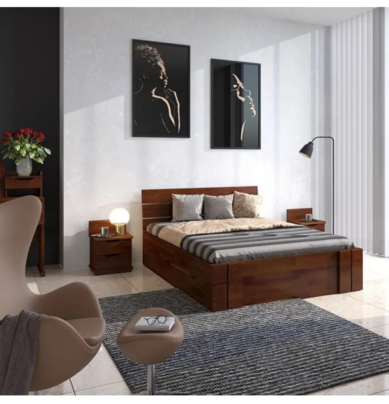 Posteľ z masívu borovicová 180x200 cm orech Arhus High so zásuvkami