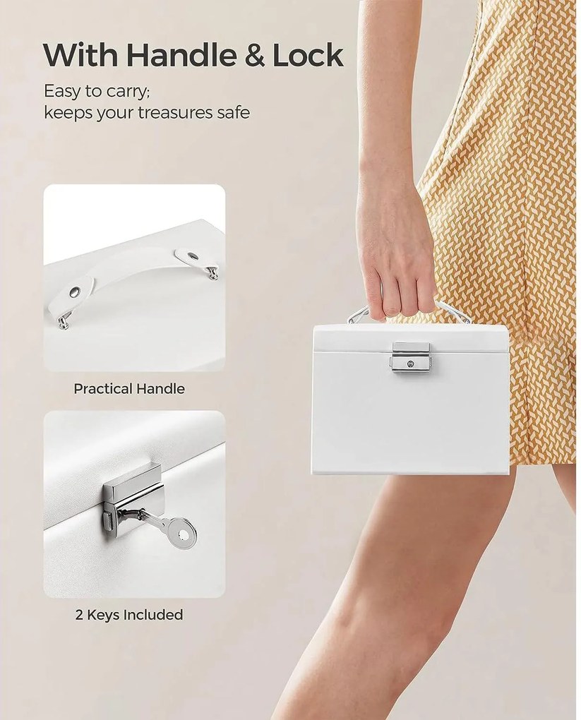 Šperkovnica, 3-úrovňová s 2 zásuvkami a s cestovným puzdrom, biela