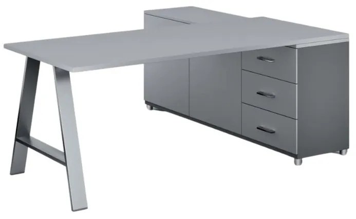 Rohový kancelársky písací stôl PRIMO STUDIO, skrinka vľavo, 1800 x 800 mm, sivá