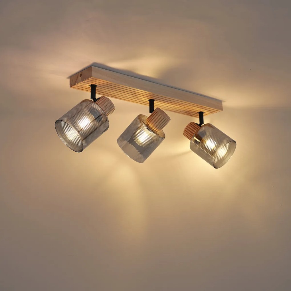 Moderné bodové svietidlo drevené s dymovým sklom 3-svetlá otočné a naklápacie - Gracy