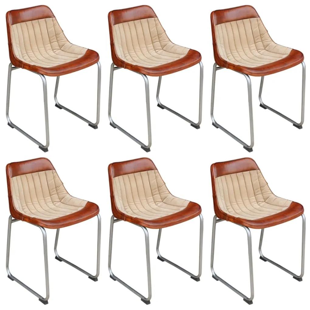 vidaXL Jedálenské stoličky 6 ks, hnedo béžové, pravá koža a plátno