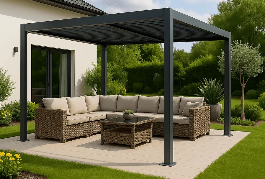ZÁHRADNÉ KOMBO bioklimatická pergola s lamelami BestBerg BBP-9G + záhradný jedálenský set 4+1 BestBerg BBGF-62BK