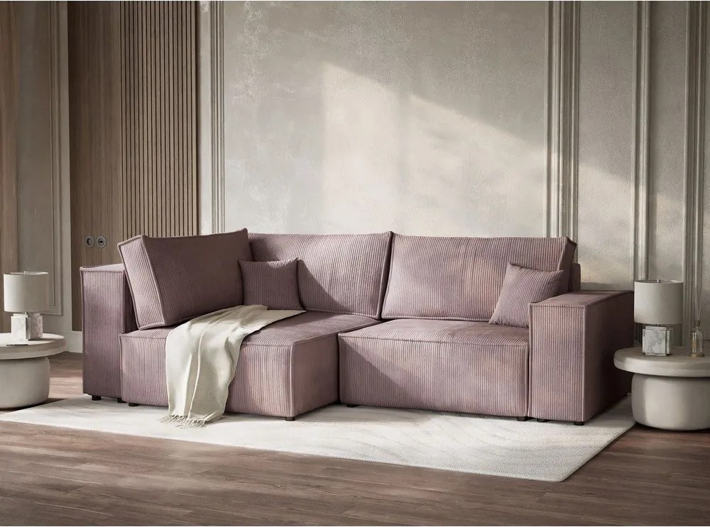 Fialová menčestrová rozkladacia/s úložným priestorom rohová pohovka (ľavý roh/do L) Tonga – Maison de Rêve