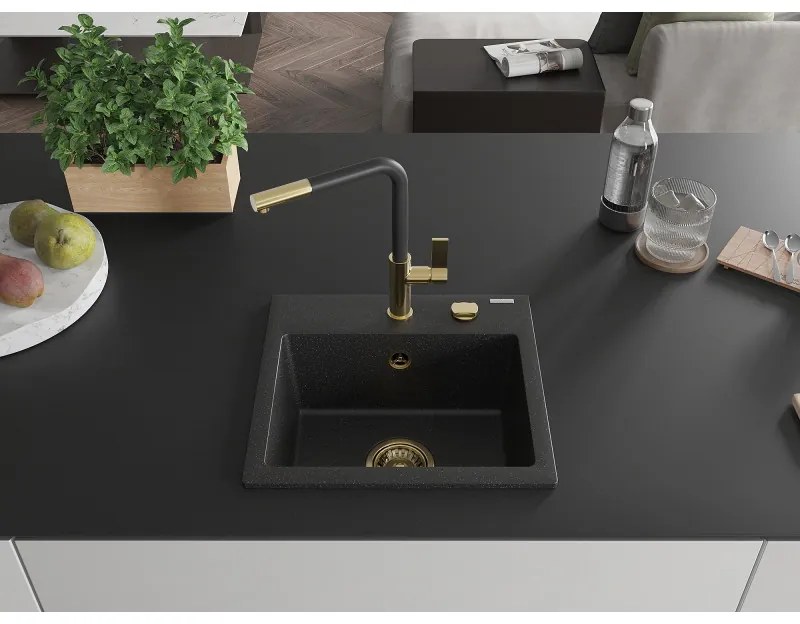 Mexen Milo, 1-komorový granitový drez 435x410x171 mm a drezová batéria Flora, čierna-strieborná metalíza, 6505-73-670401-57-G