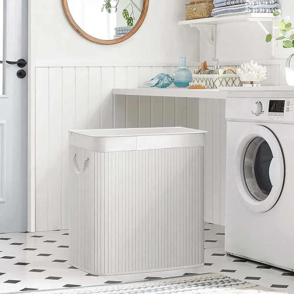 SongmicsHome Bambusový kôš na bielizeň GITA, 150 l, biela