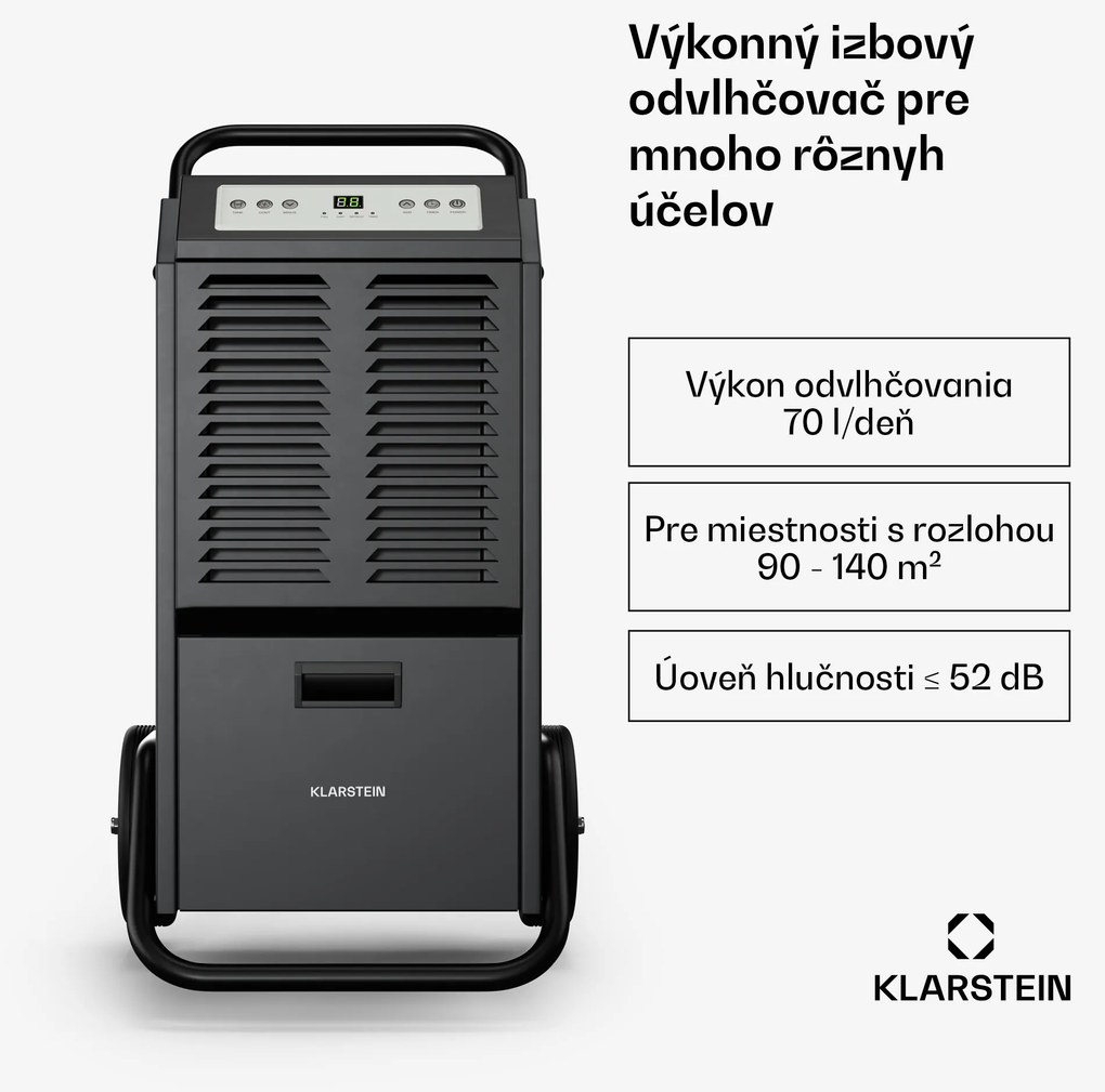 Klarstein DuraDry 70L odvlhčovač vzduchu, 70 l/deň, 60-100 m², nehrdzavejúca oceľ, mobilný, 450 m³/h