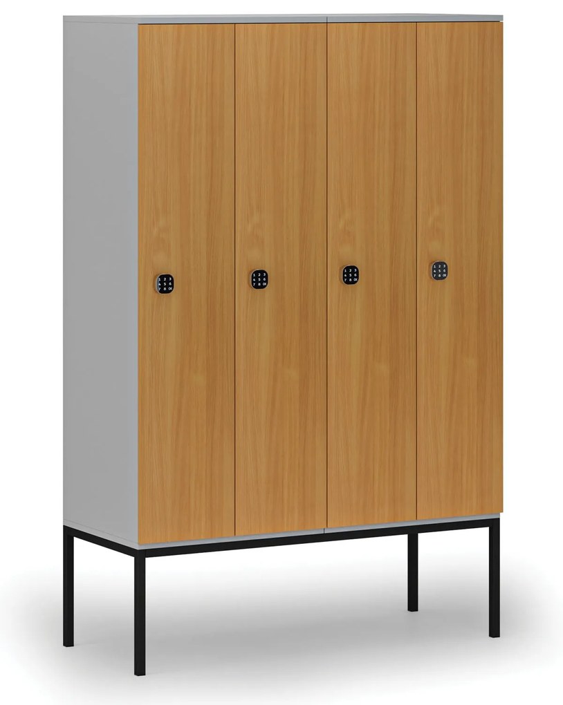 Drevená šatníková skrinka S4 s podnožou, 4 oddiely, 1871 x 1200 x 500 mm, demont, kódový zámok, sivá/buk