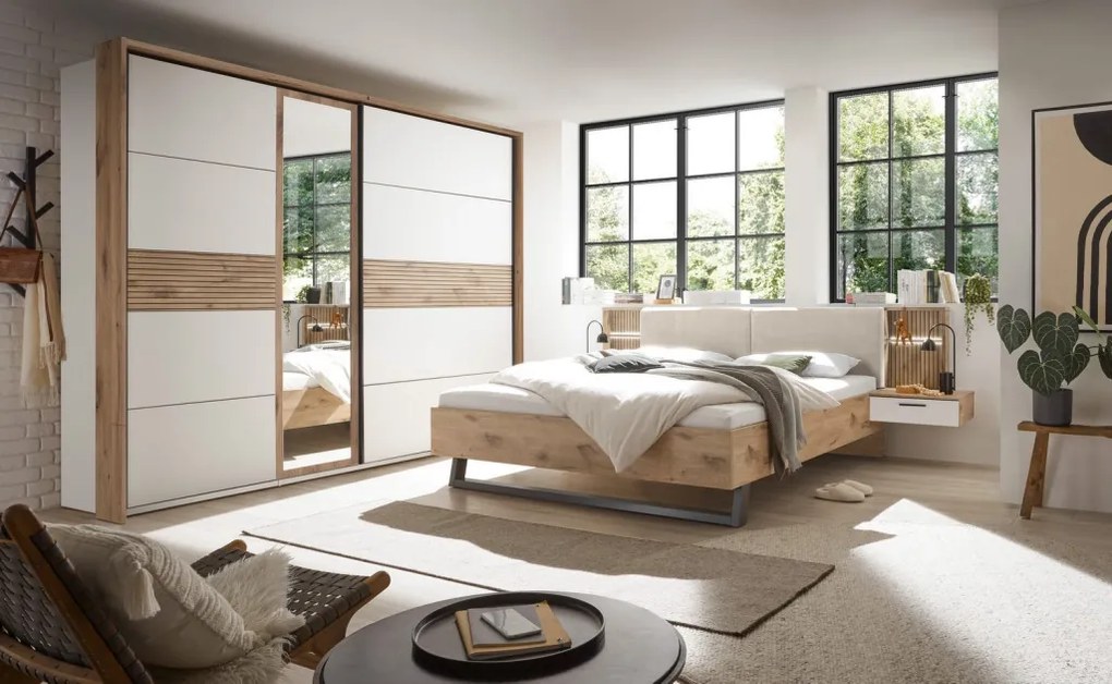 Posteľ s nočnými stolíkmi Daria 180x200 cm, dub/biela, s osvetlením