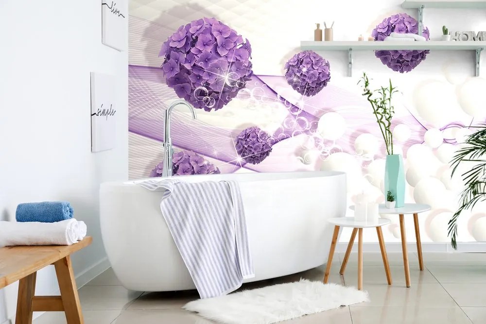 Samolepiaca tapeta fialové kvety na abstraktnom pozadí