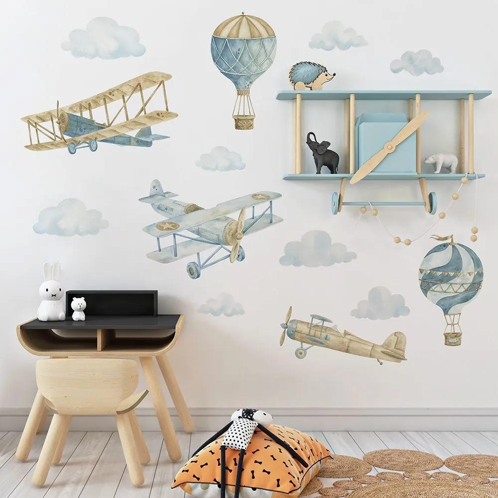 Gario Detská nálepka na stenu Retro balloons and airplanes - lietadlá, balóny a mraky
