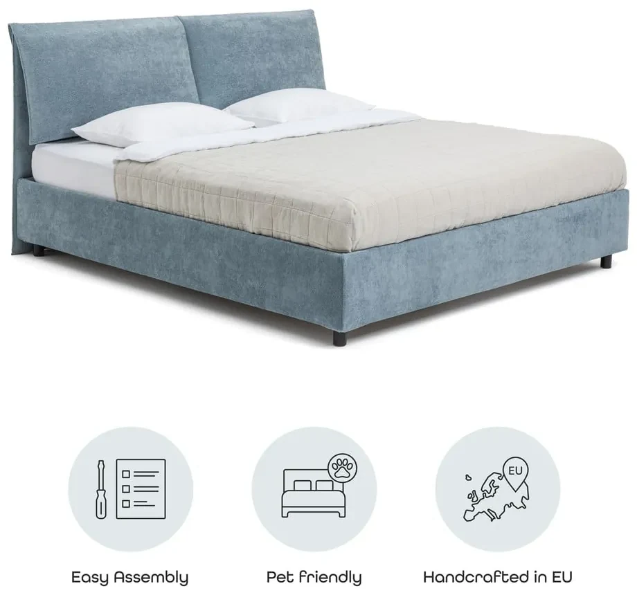 Modrá čalúnená dvojlôžková posteľ s úložným priestorom s roštom 160x200 cm Myra Pillow – Bonami Selection