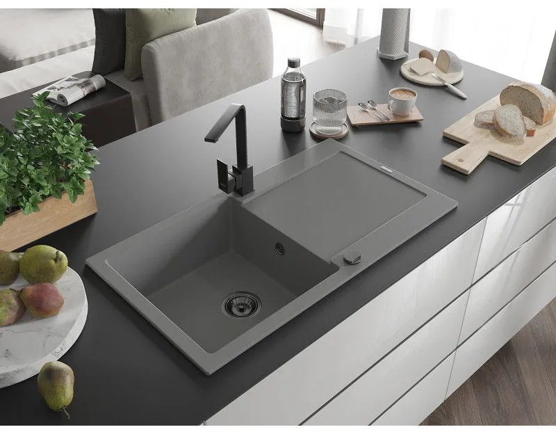 Mexen Leo, drez granitový 900x500x190 mm, 1-komorový, šedý s čiernym sifónom a čierna drezová batéria Rita, 6501-71-670300-70-B
