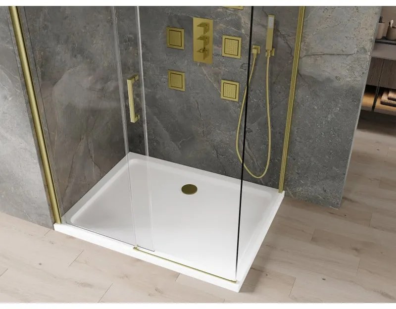 Mexen Omega, sprchovací kút s posuvnými dverami 100 (dvere) x 70 (stena) cm, 8mm číre sklo, zlatý profil + slim sprchová vanička 5cm, 825-100-070-50-00-4010