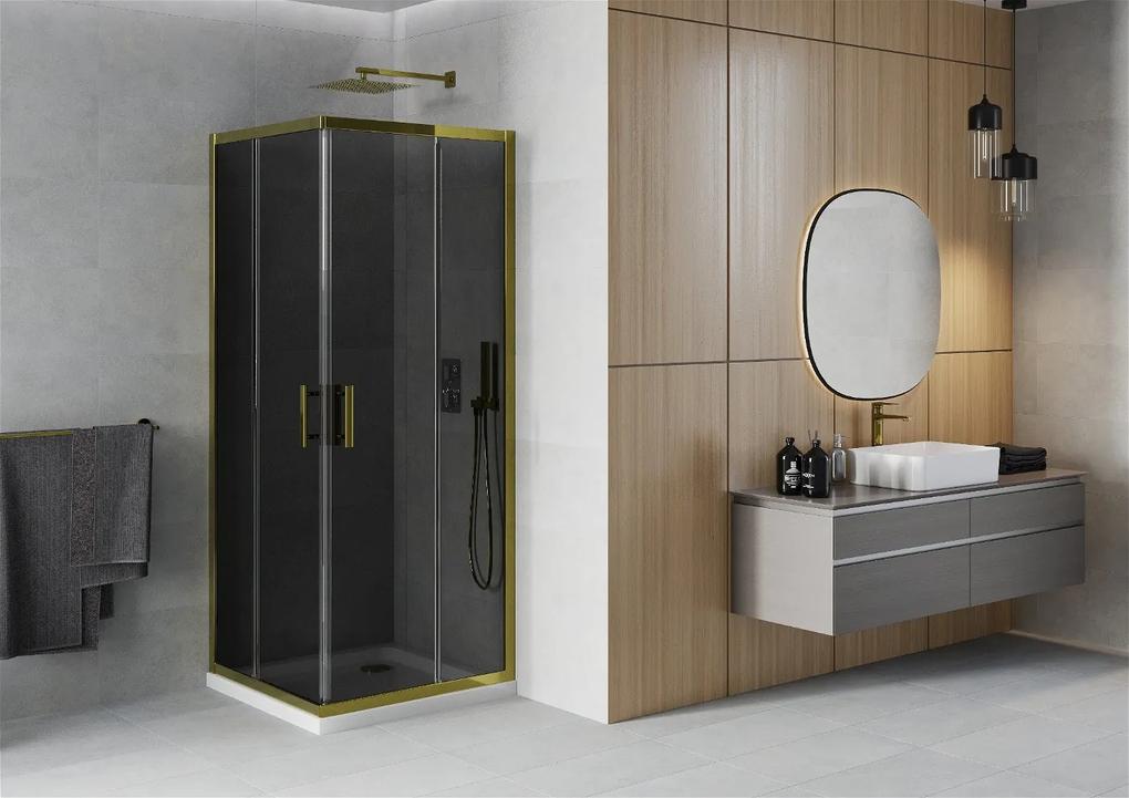 Mexen Rio, štvorcový sprchovací kút s posuvnými dverami 80 (dvere) x 80 (dvere) x 190 cm, 5mm šedé sklo, zlatý profil + biela sprchová vanička SLIM, 860-080-080-50-40-4010G