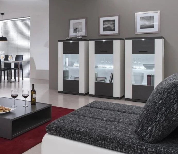 Vitrína Caracas typ 24, grafit/biely lesk, s osvetlením