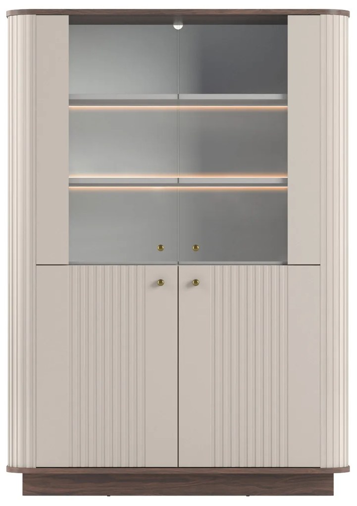 Vitrína Vesper 103 cm štvordverová na sokli - kašmír / orech / zlaté úchytky