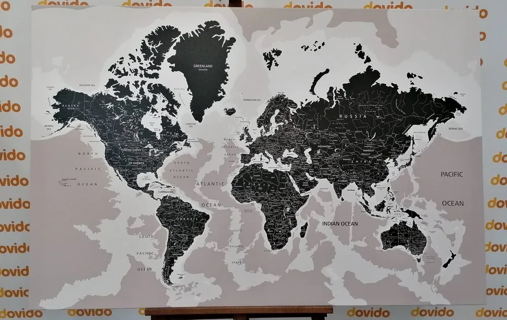 Obraz podrobná mapa sveta v čiernobielom prevedení