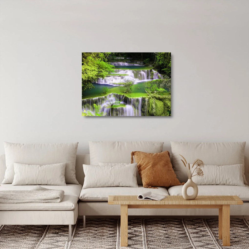 Sklenený obraz - Vodopády Huay Mae Khamin, Kanchanaburi, Thajsko (70x50 cm)