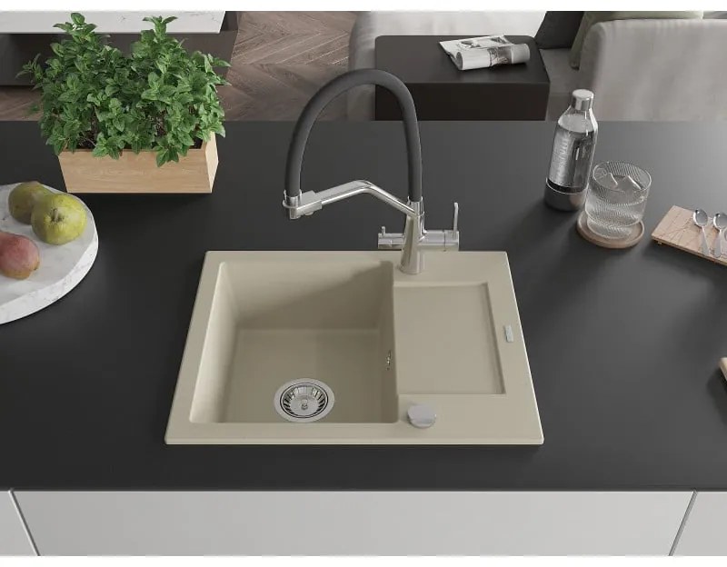 Mexen Enzo, granitový drez 576x465x174 mm, 1-komorový a drezová batéria Duo, béžová, 6506-69-671701-07