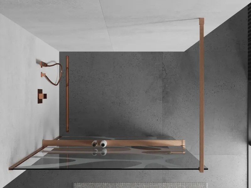 Mexen Kioto+, sprchová zástena Walk-In s poličkou a vešiakom 140 x 200 cm, 8mm číre sklo biely vzor, medený matný profil, 800-140-121-65-97
