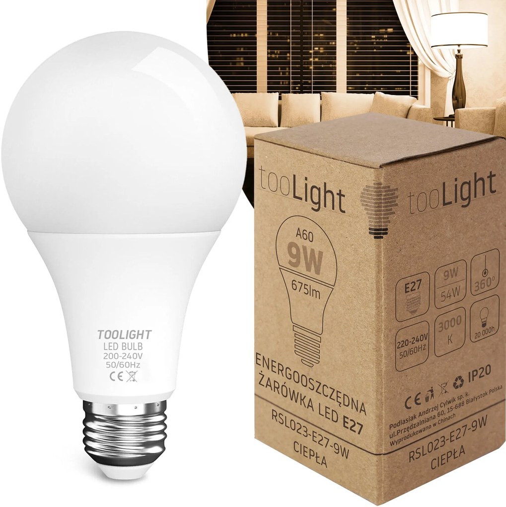 Toolight Toolight, LED žiarovka E27, 9W, 675lm, 3000K teplá, RSL023, OSW-20008