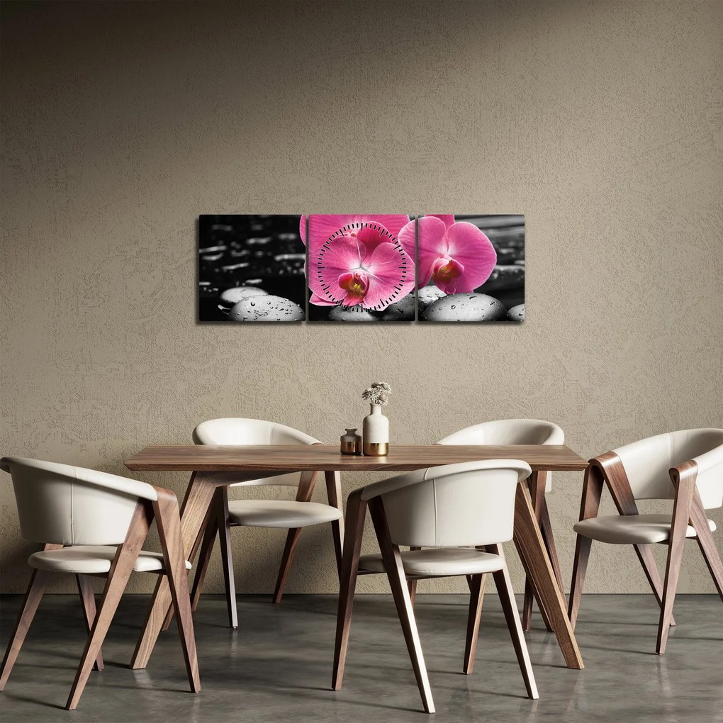 Obraz - Ružové orchidey (s hodinami) (90x30 cm)