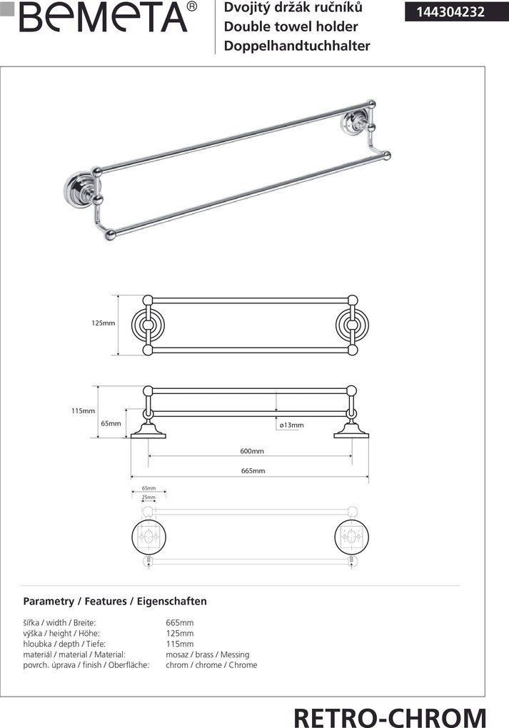 Bemeta Design RETRO chróm: Držiak uterákov, 600 mm, dvojitý - 144304232