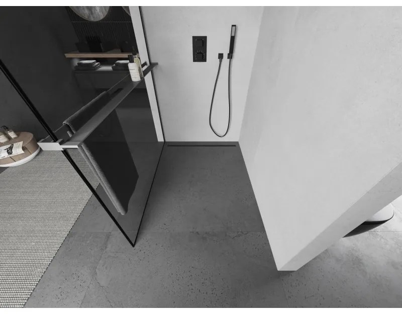 Mexen Kioto+, sprchová zástena Walk-In s poličkou a vešiakom 100 x 200 cm, 8mm číre sklo čierny vzor, grafitový profil, 800-100-121-95-70