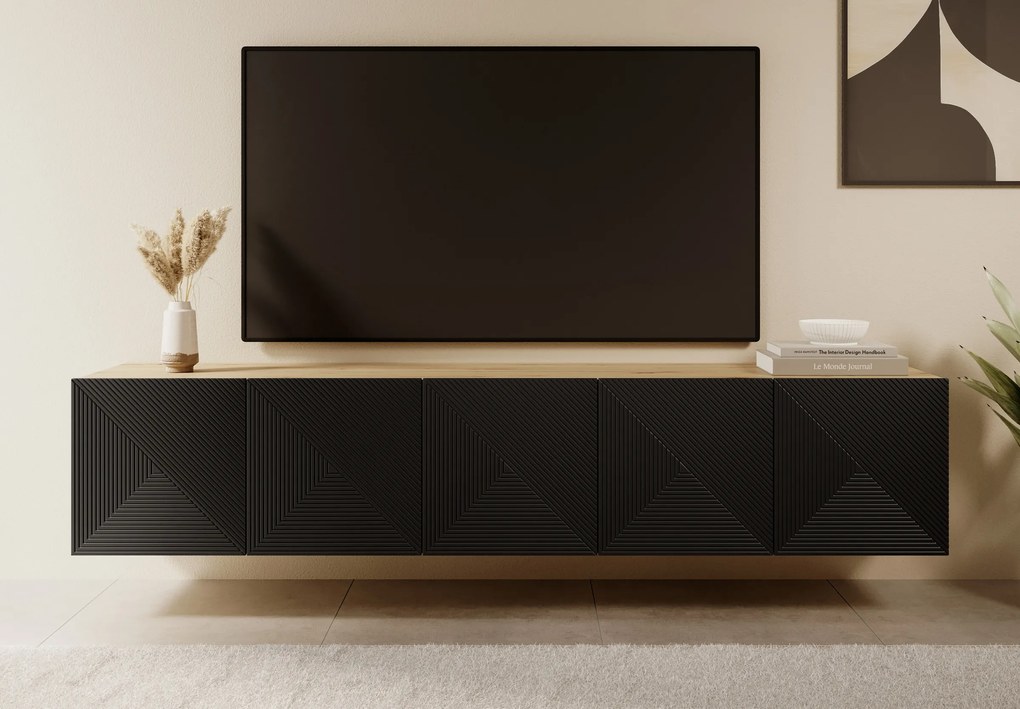 Závesná skrinka RTV Asha 200 cm s ryhovaným čelom - artisan / čierny mat