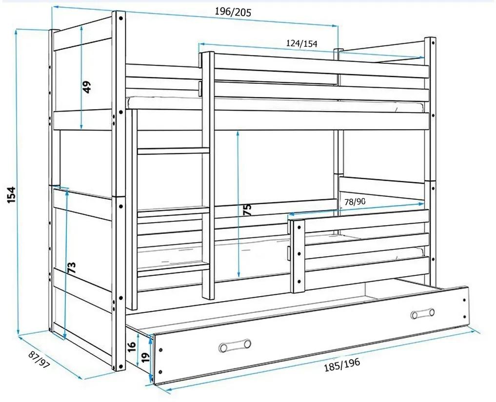 Poschodová posteľ RICO 2 COLOR + úložný priestor + matrace + rošt ZDARMA, 90x200 cm, grafit, blankytná