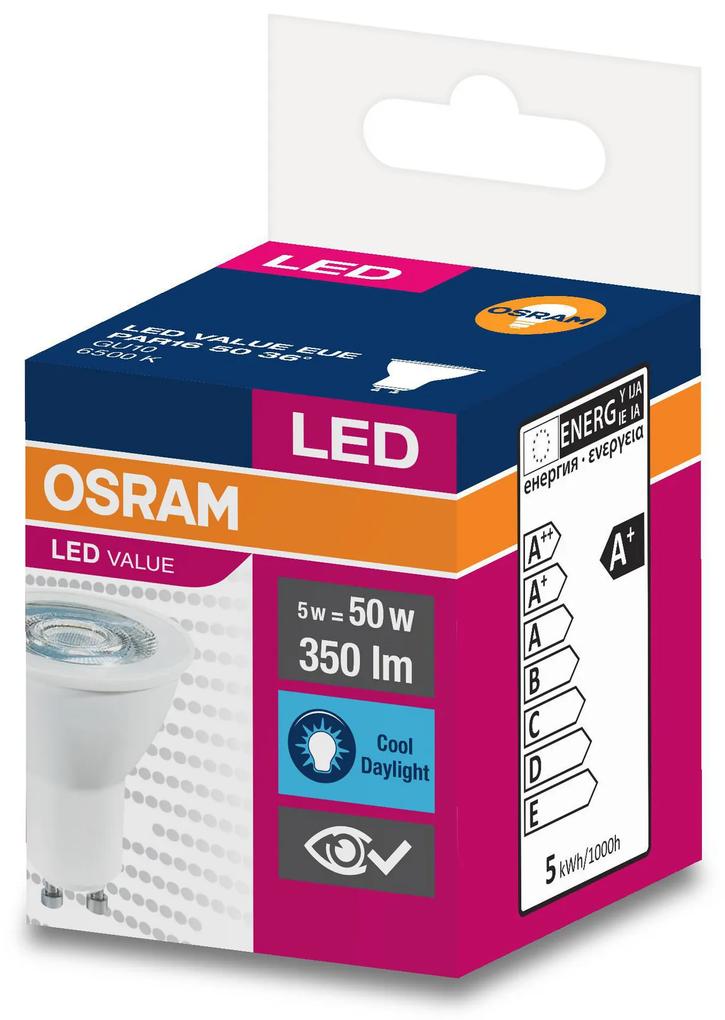 OSRAM LED žiarovka GU10, PAR16, 5W, 350lm, 6500K, studená biela, 36°
