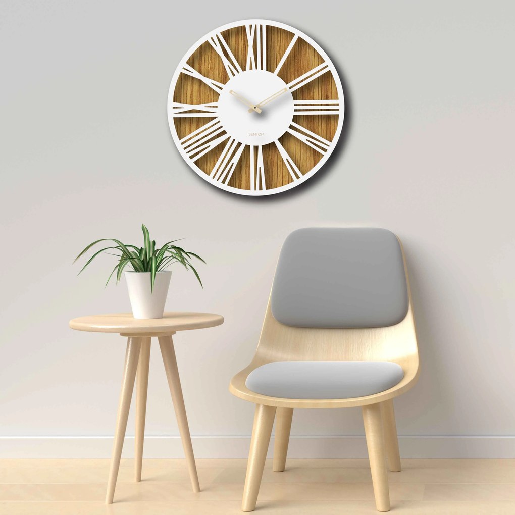 Moderné drevené nástenné hodiny rímske  | KLOF: Svetlé HDF - Dub  HDF - Dub  30 cm 4229-70727 HDFK029-dub