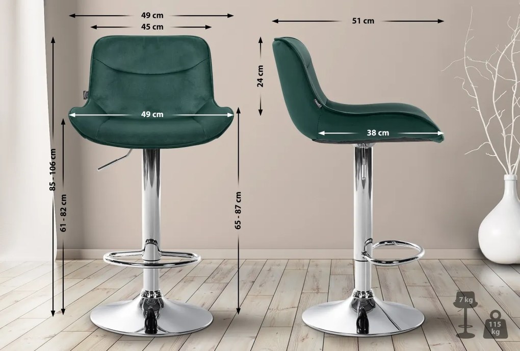 Barová stolička Vonore - zamat, chróm rám - Zelená