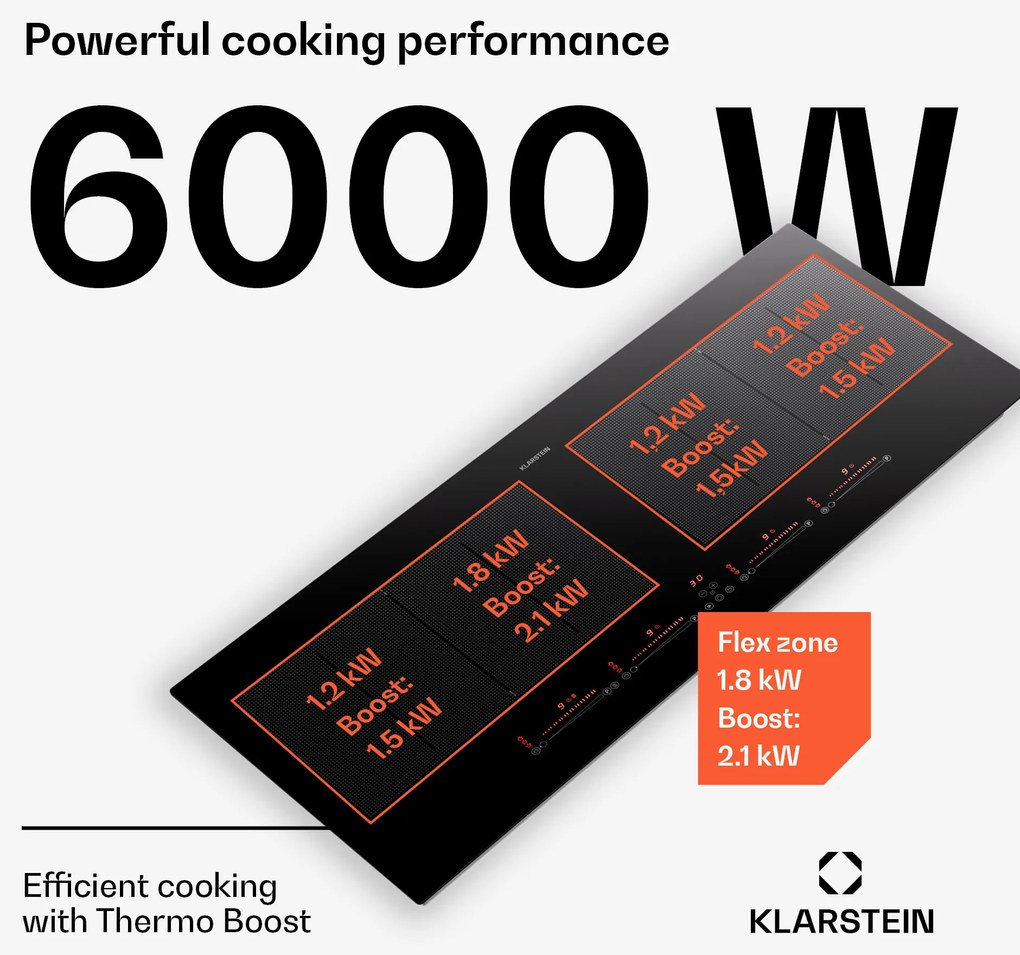 Klarstein Masterzone 90 Slim Flex, indukčná varná doska, max. 7200 W, vstavaná, 4 zóny, 2 Flex zóny, technológia ThermoBoost, Smart Flex