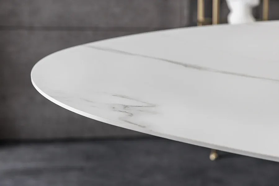Jedálenský stôl SCULPTURE 280 cm oválny rám čierny s keramickou doskou, biely mramorový vzhľad