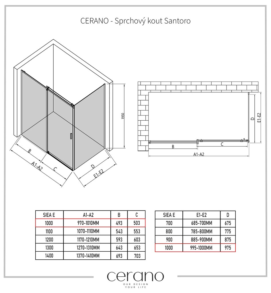 Cerano Santoro, sprchovací kút s posuvnými dverami 100(dvere) x 100(stena) x 195 cm, 6mm šedé sklo, čierny profil, CER-CER-425095