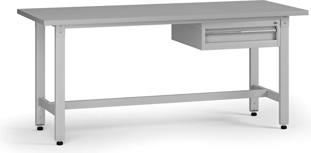Výškovo nastaviteľný dielenský stôl G5, 1800 x 750 x 800-1000 mm, 1x kontajner, 1 zásuvka, sivá
