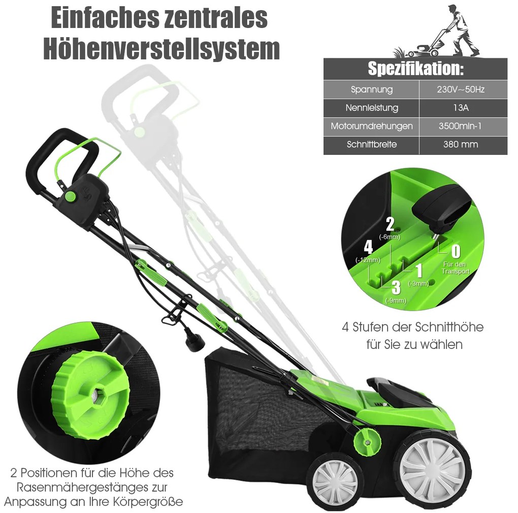Elektrický vertikutátor Prevzdušňovač trávnika 1800W 2 úrovne Pracovná hĺbka 106 x 58 x 110,5 cm Zelená