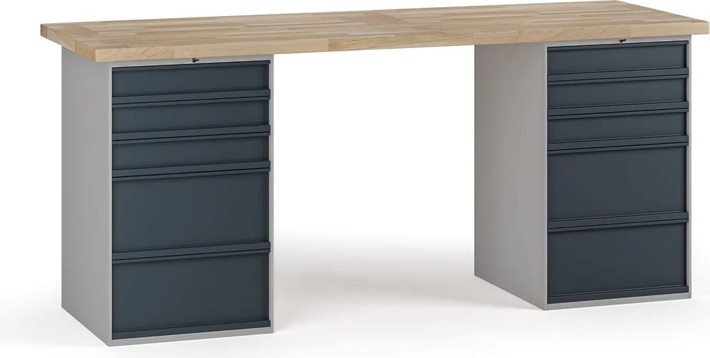 Dielenský pracovný stôl G7, buková škárovka, 2000 x 685 x 840 mm, 2x kontajner, 10 zásuviek, grafit